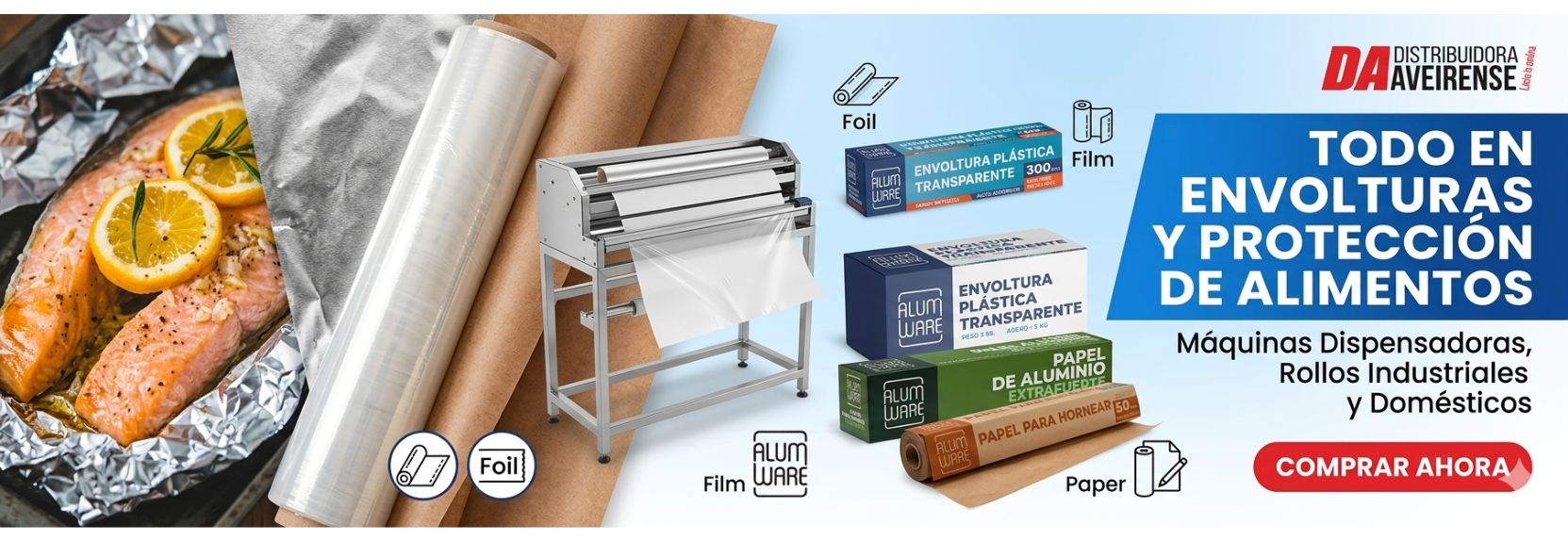 Garantiza la frescura, higiene y correcta conservación de tus productos con la línea especializada en protección de alimentos de Distribuidora Aveirense. Ofrecemos soluciones integrales diseñadas para cumplir con los estándares más exigentes de la industria gastronómica, panaderías, charcuterías y servicios de catering. Desde sistemas de dispensación eficiente hasta rollos industriales de alto rendimiento, te proveemos de los insumos necesarios para optimizar tus procesos de empaque y almacenamiento.